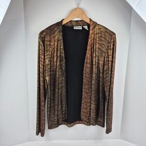 CHICOS TRAVELERS Sz 1 Gold Brown Tiger Print Metallic Open Front‎ Cardigan LS